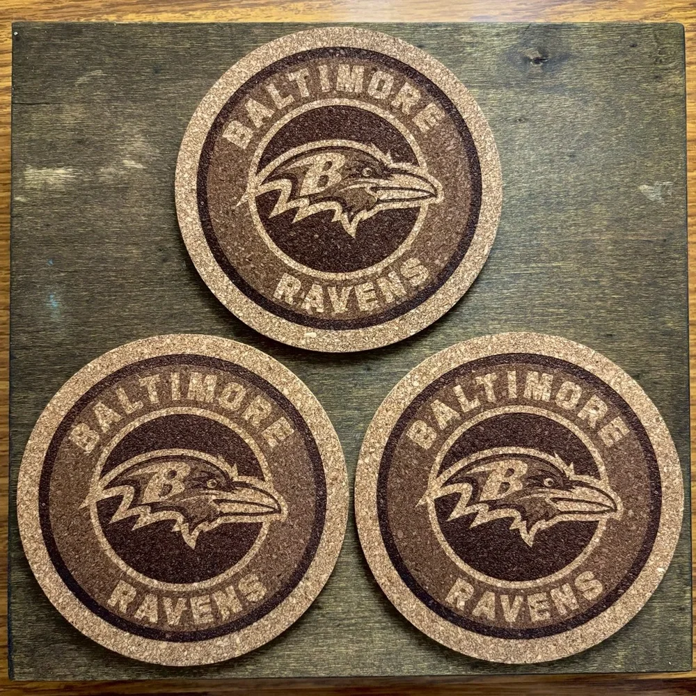 Baltimore Ravens Laser Engraved Cork Coasters Lot of 3